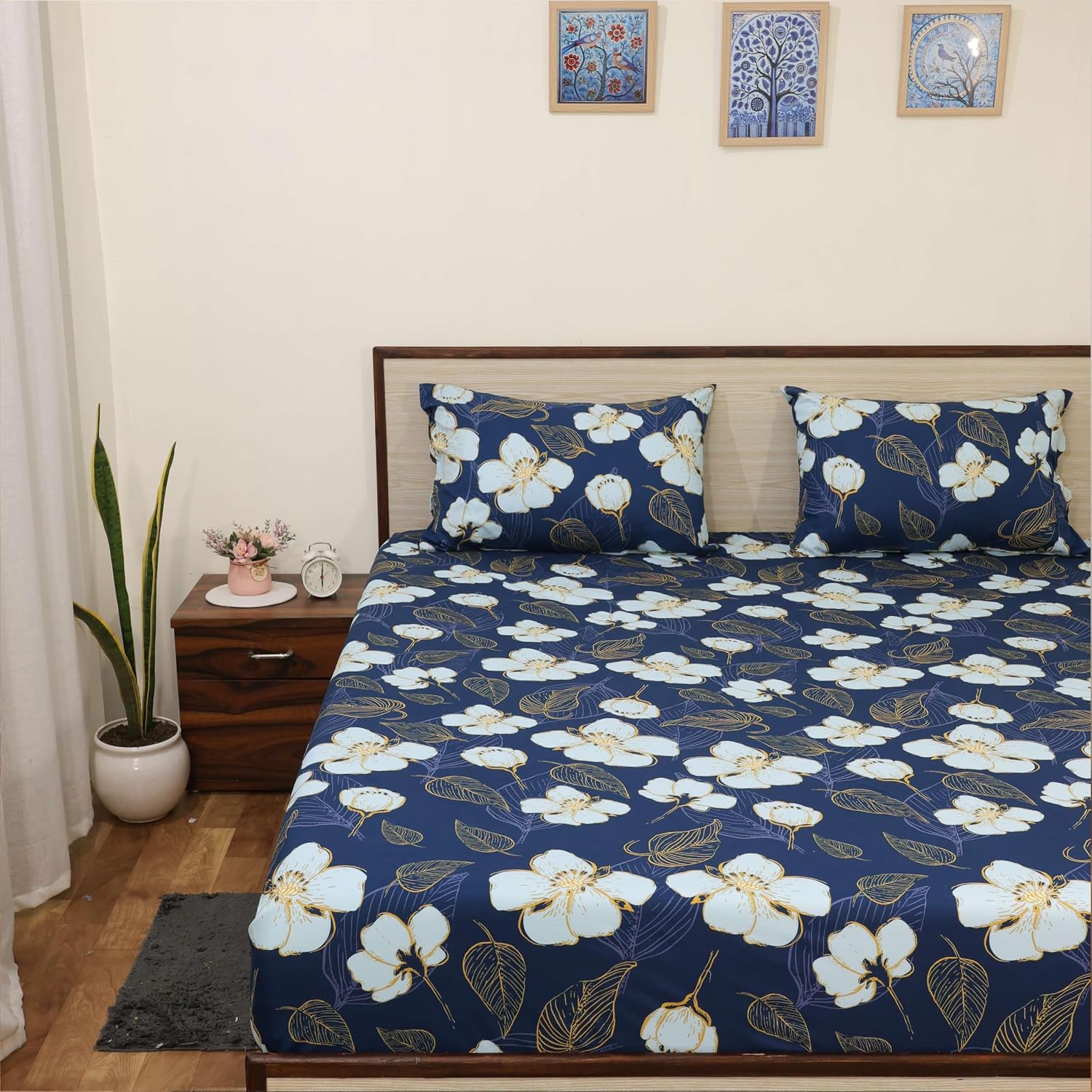 Bedsheet For Single Bed With Pillow Covers Breathable & Soft Classic Floral Beauty Design - 68 X 90 Inch, Blue | 186 Thread Count