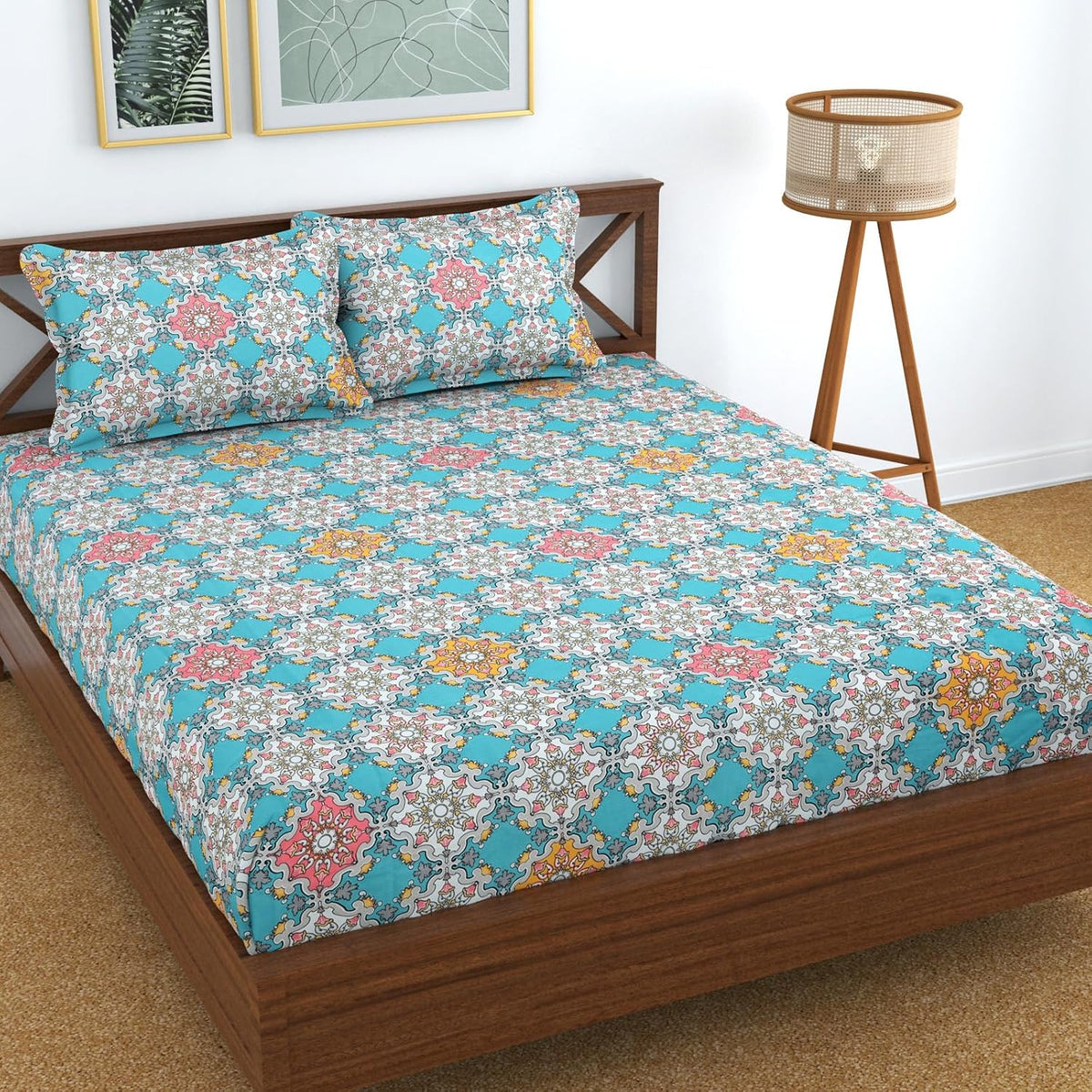 Double Bedsheet Queen Size Elastic Fitted With 2 Pillow Cover - 60 X 78 + 8 Inches, Sky Blue & Pink | Resistance & Wrinkle Recovery