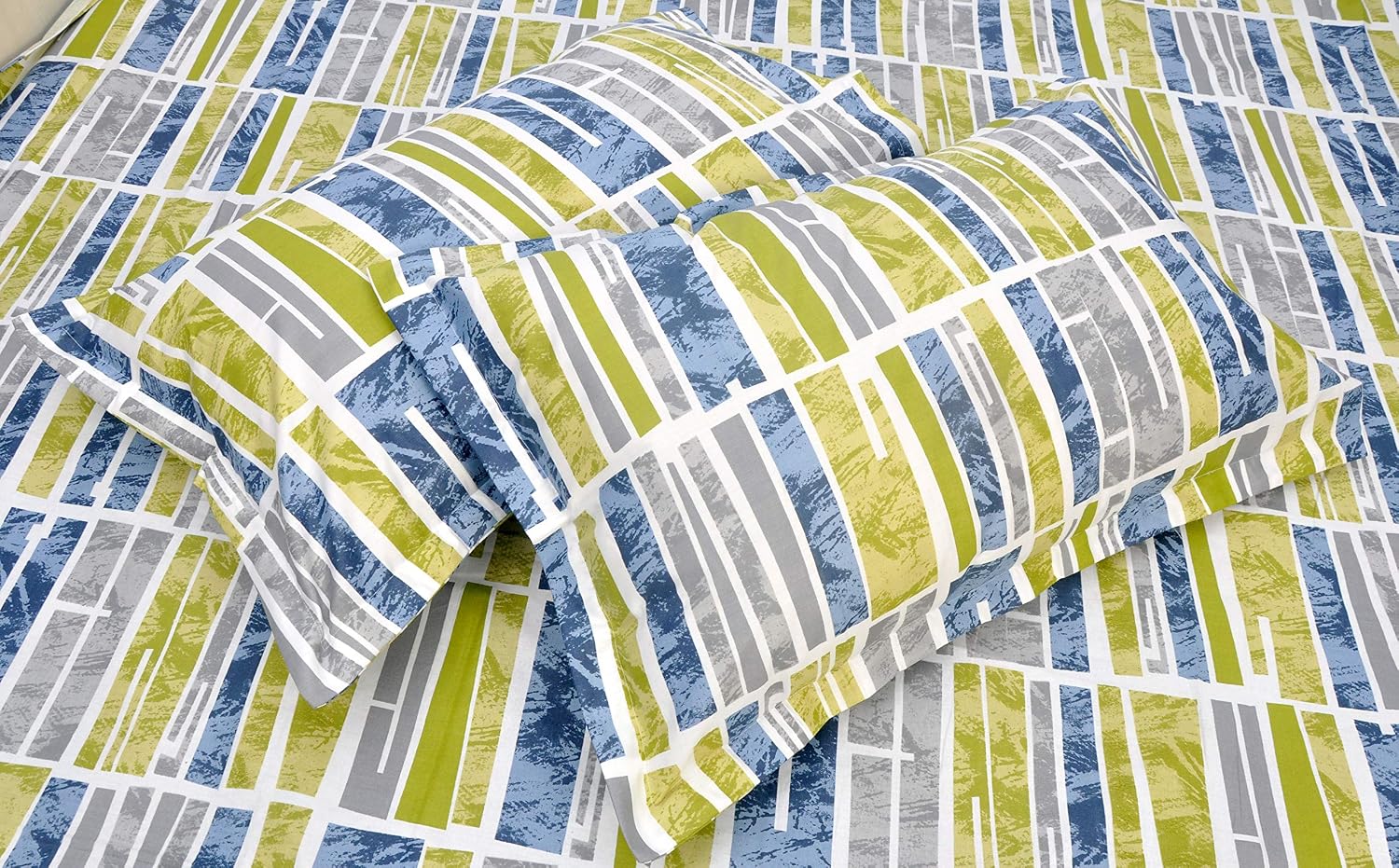 144 TC Cotton Bedsheet For King Size With 2 Pillow Cover - 110 X 108 Inches, Green & Grey | Good For Guest Houses, & Daily Home Use