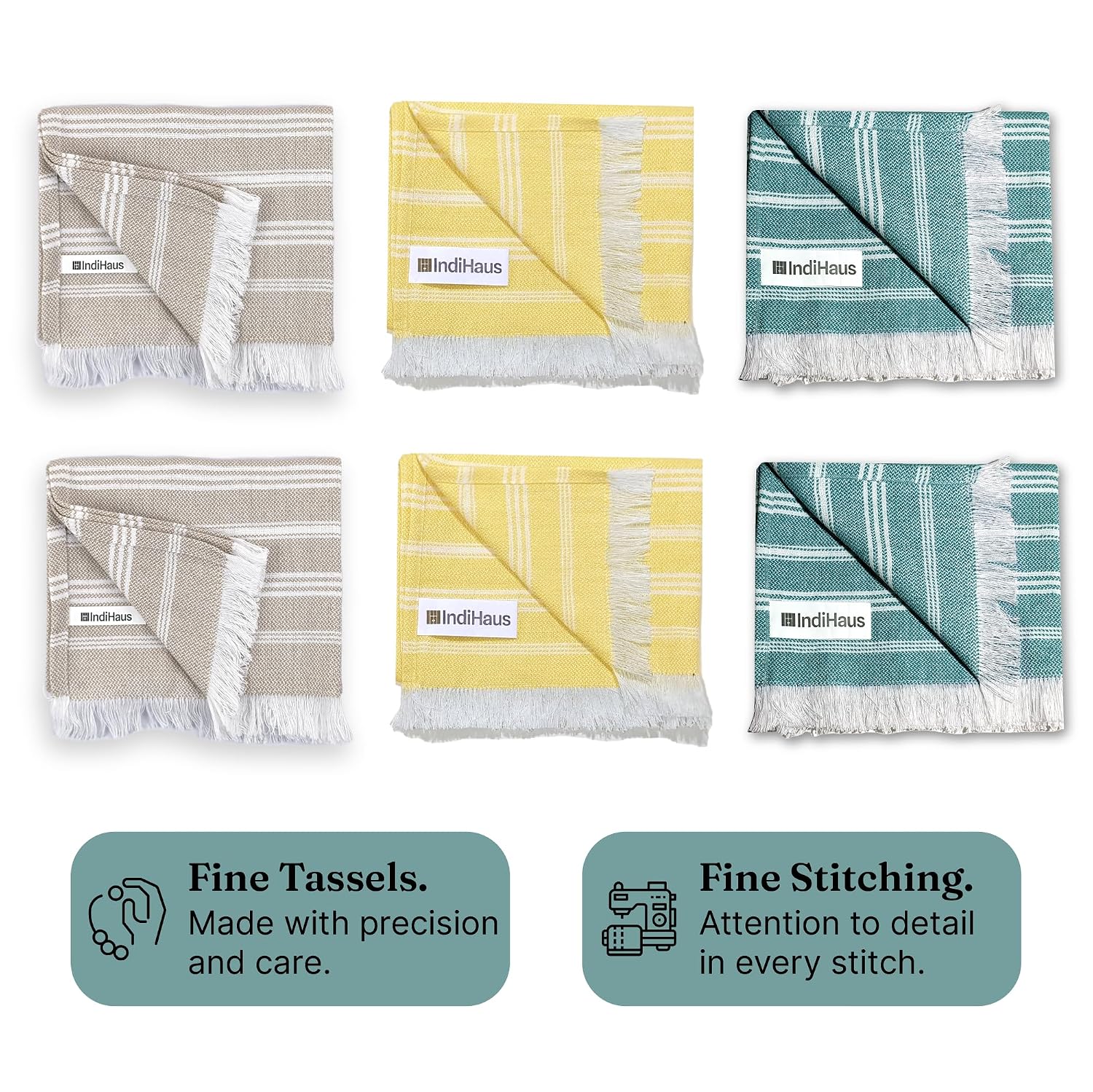 Indihaus Premium Cotton Hand Towel 310 Gsm | Soft, Absorbent, Multi-Purpose Towel Set | Teal, Yellow & Beige (Set Of 6)