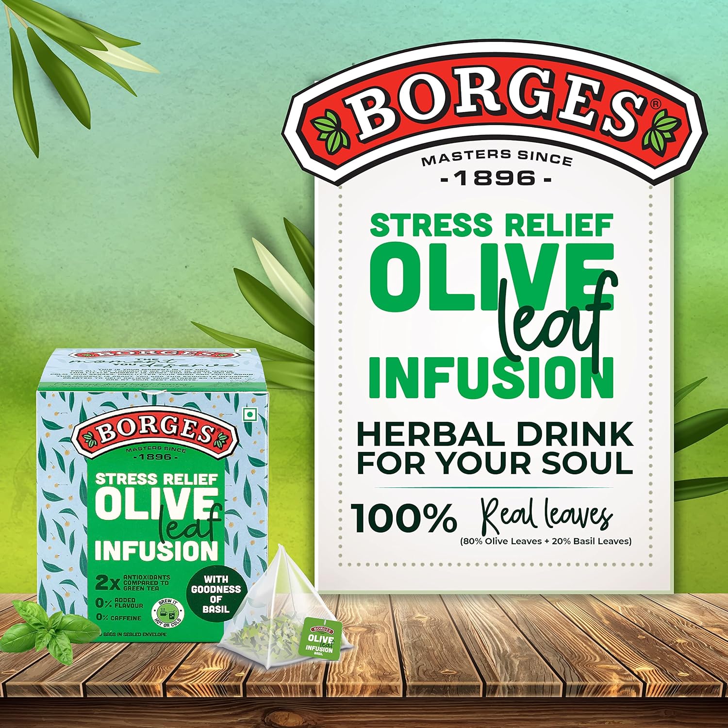 Borges Stress Relief Olive Leaf Infusion Tea - 10 Bags In Sealed Envelope | 2X Antioxidants Than Green Tea - With Goodness Of Basil | Caffeine Free, No Added Flavor