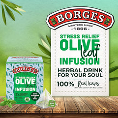 Borges Stress Relief Olive Leaf Infusion Tea - 10 Bags In Sealed Envelope | 2X Antioxidants Than Green Tea - With Goodness Of Basil | Caffeine Free, No Added Flavor