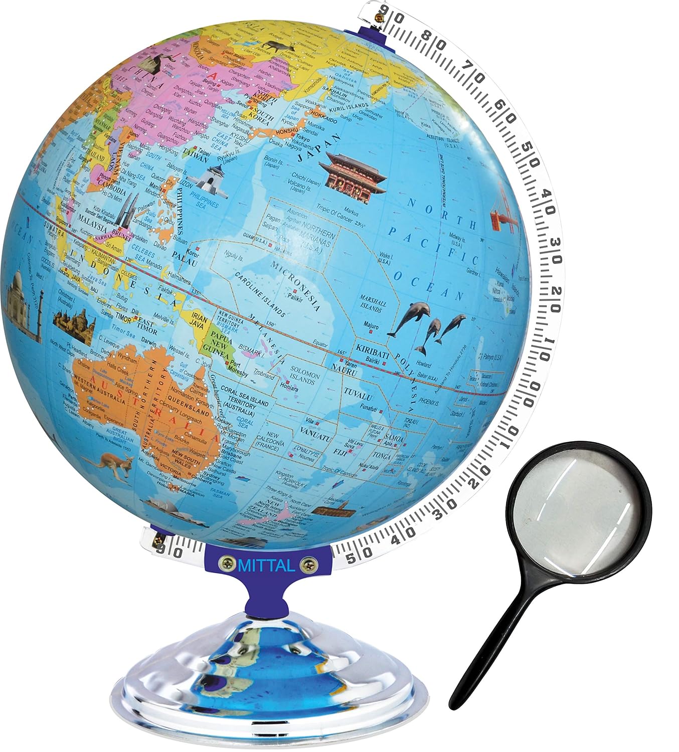Globe 16 Inch Height, 12 Inch Diameter With Monuments Educational World Globe With 75mm Magnifying Glass Desk & Table Top Political Globe, Pack Of 1