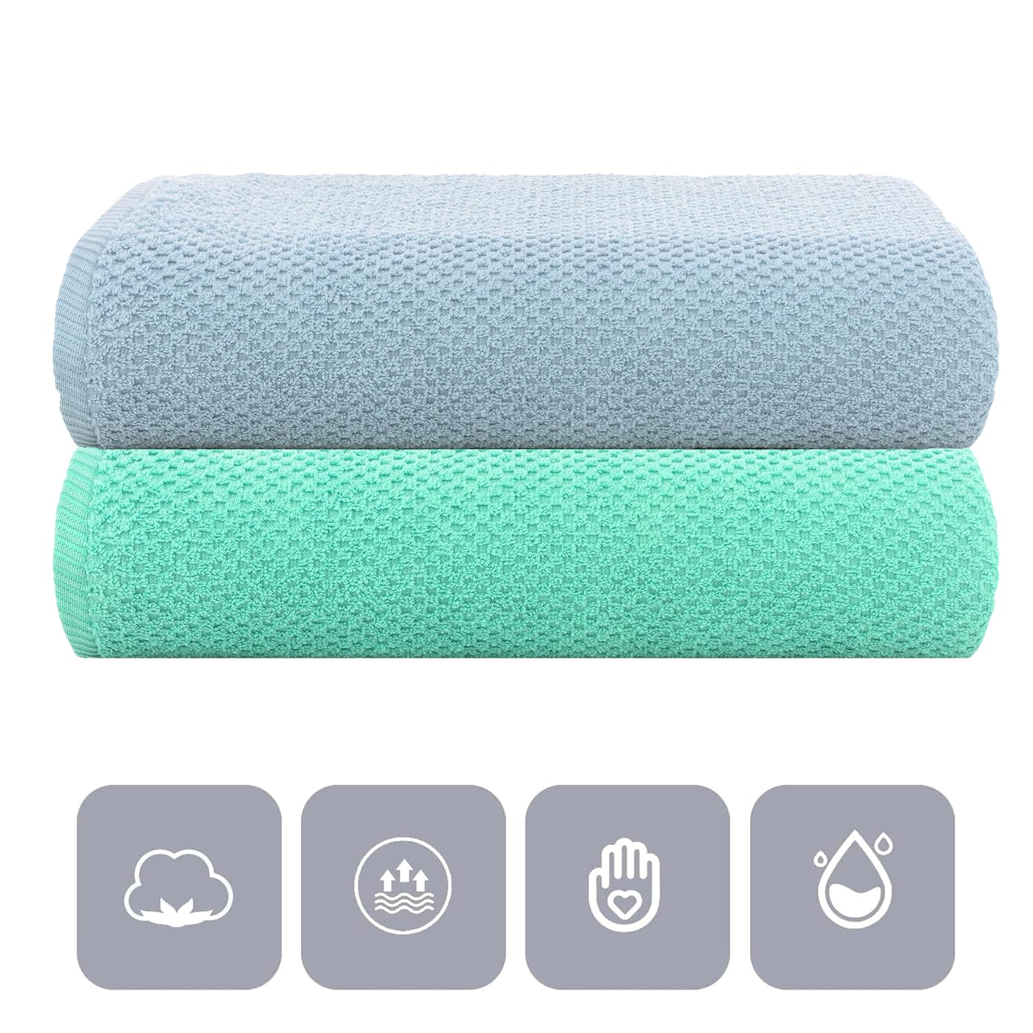 Casa Copenhagen Designed In Denmark Popcorn Super Soft 2 Pieces 100% Cotton Large Bath Towel 525 Gsm - Dusty Blue & Aqua Blue