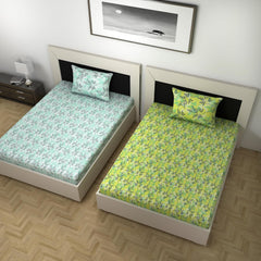 Combo 2 Single Bedsheet With 2 Pillow Cover - 57 X 87 Inches, Light Green & Sea Green | 144 Thread Count Lightweight, Soft, Skin Friendly - Everyday Use Cotton Bedsheet