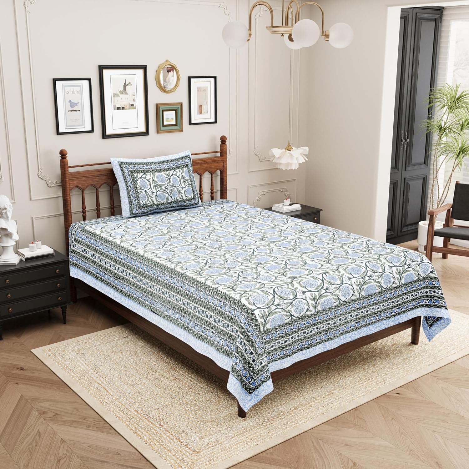 Cotton Single Bedsheet For Single Bed With 1 Pillow Cover - 60 X 90 Inches, Blue | 240 Thread Count - Breathable & Lightweight | Perfect For All-Season Use