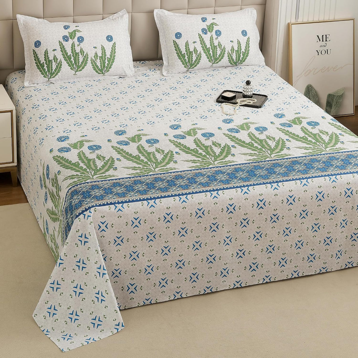 1 Piece Cotton Bedsheet For King Size With 1 Pillow Cover - 108 X 108 Inches, White & Sky Blue | Soft & Durable For Everyday Use & Bedroom - All Season Comfort