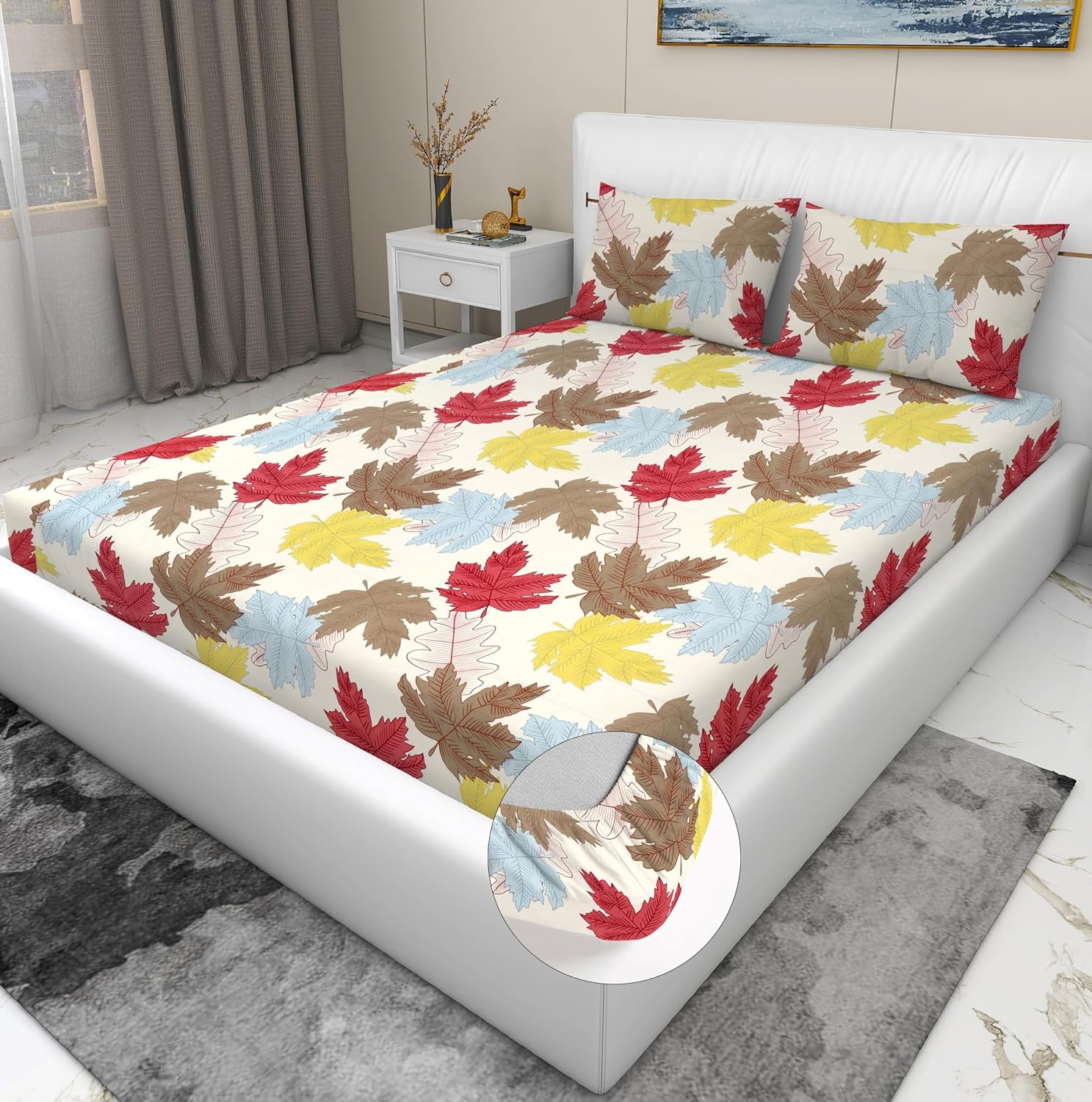 Elastic Fitted Bedsheet For King Size With 2 Pillow Covers - 72 X 78 X 8 Inches, Cream & Red | Presents Luxurious Glace Cotton Super Soft 210 Thread Count