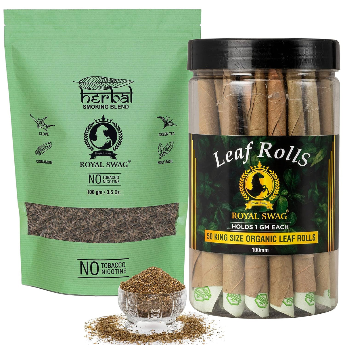 Royal Swag Tobacco & Nicotine Free Smoking Mixture With 100% Natural Herbal Smoking Blend 1 Pack -100gm With 100mm King Size Tendu Palm Leaf Rolls Ready To Use Cones Jar Of 50 Pcs Pack