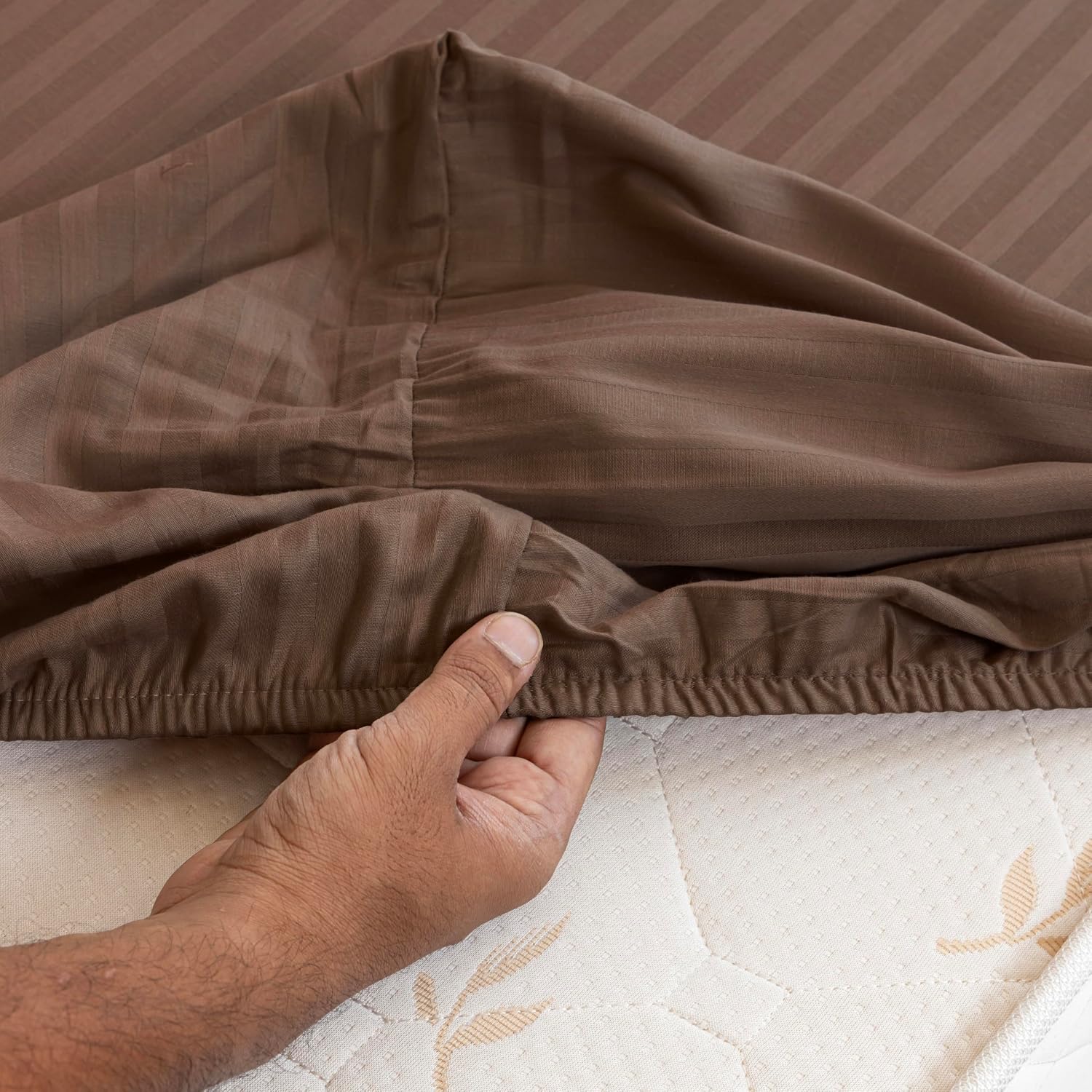 210 TC Cotton Double Bed Fitted Bedsheets With 2 Pillow Cases - 78 X 72 Inches, Brown | Satin Stripes Wrinkle Free | Comfortable Fabric Bedsheet