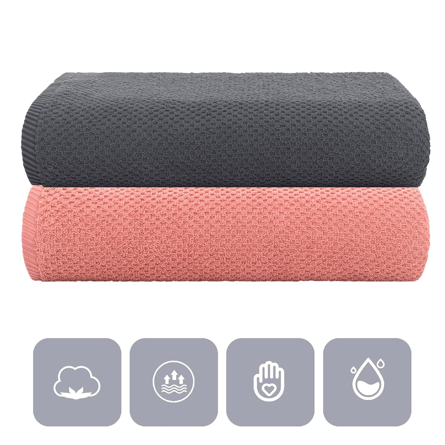 Casa Copenhagen Designed In Denmark Popcorn Super Soft 2 Pieces 100% Cotton Large Bath Towel 525 Gsm - Pine Grey & Malibu Peach