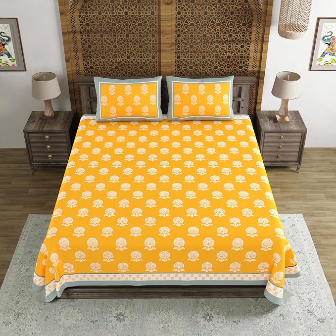 Hand Block Printed Cotton King Size Bedsheet With 2 Pillow Covers, 106 X 106 Inches, Yellow | 200 Thread Count-Good For Villas, Resorts, Guest Houses, & Daily Home Use