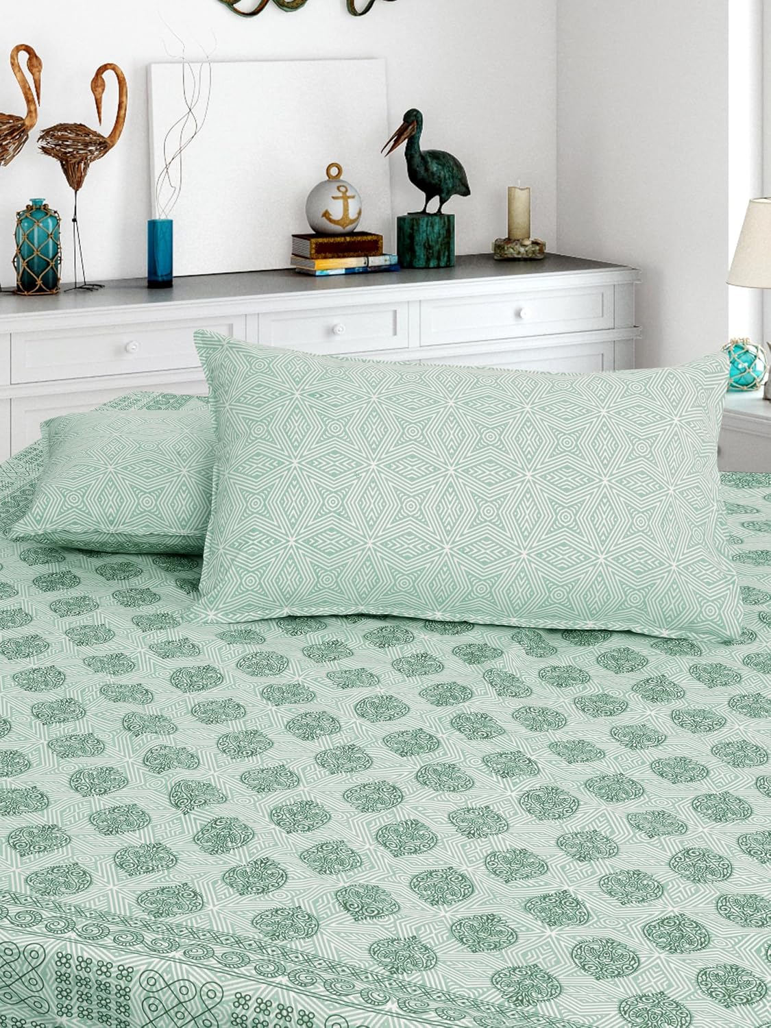 Handloom Printed Double Bedsheet For Queen Size With 2 Matching Pillow Cover | Size 90 X 100 Inches, Mint Green - Cotton Bedsheets For Double Bed | Soft & Smooth