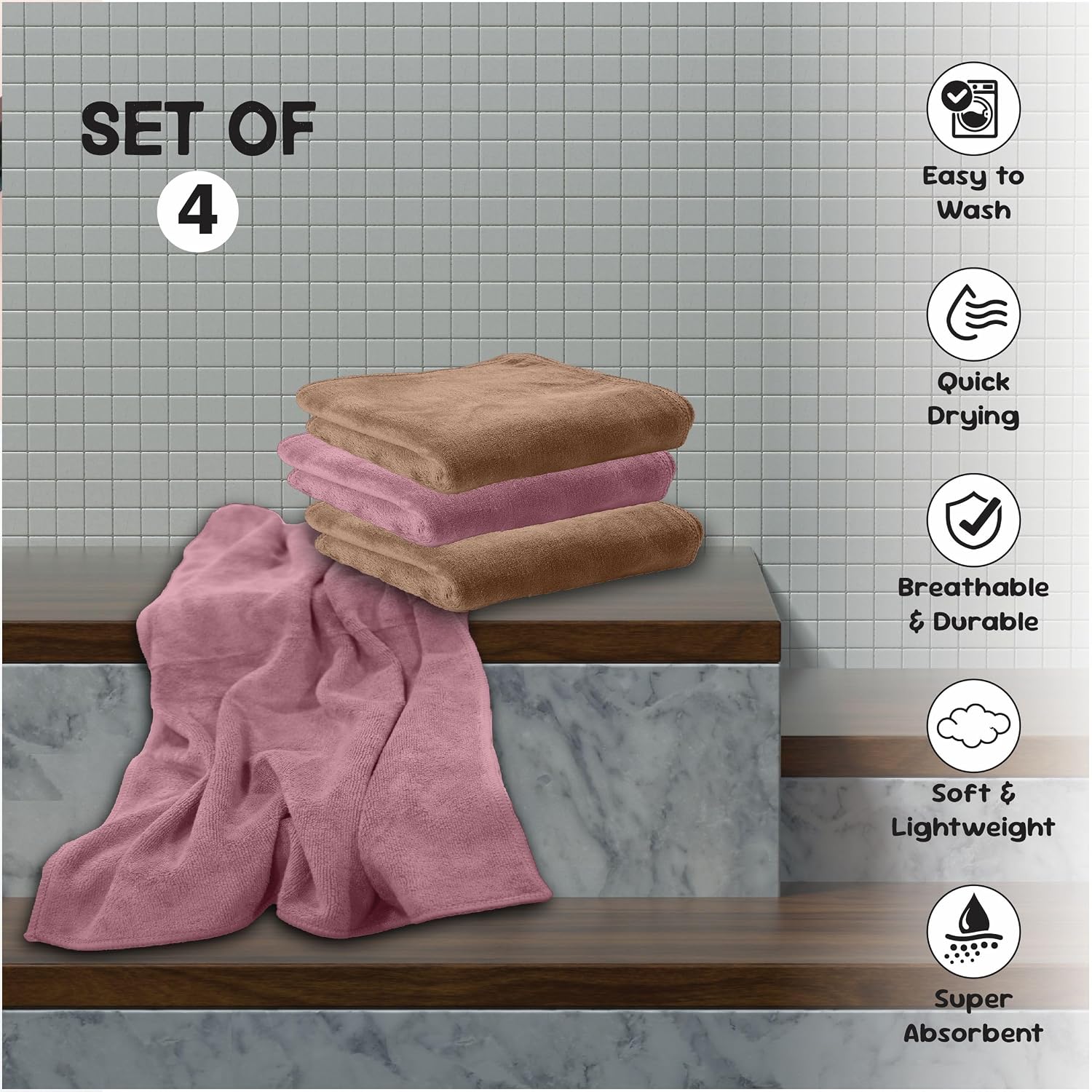 Housse Microfiber Hand Towel 800 Gsm | Premium Quality Towels Ultra Absorbent & Anti-Bacterial For Gym (Dusky Orchid & Rustic Chestnut) - Pack Of 4