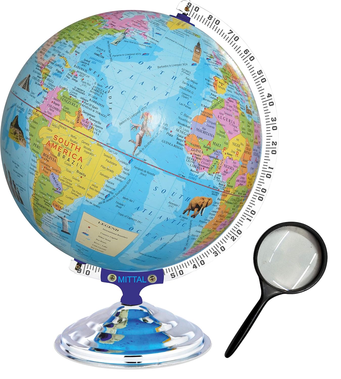 Globe 16 Inch Height, 12 Inch Diameter With Monuments Educational World Globe With 75mm Magnifying Glass Desk & Table Top Political Globe, Pack Of 1