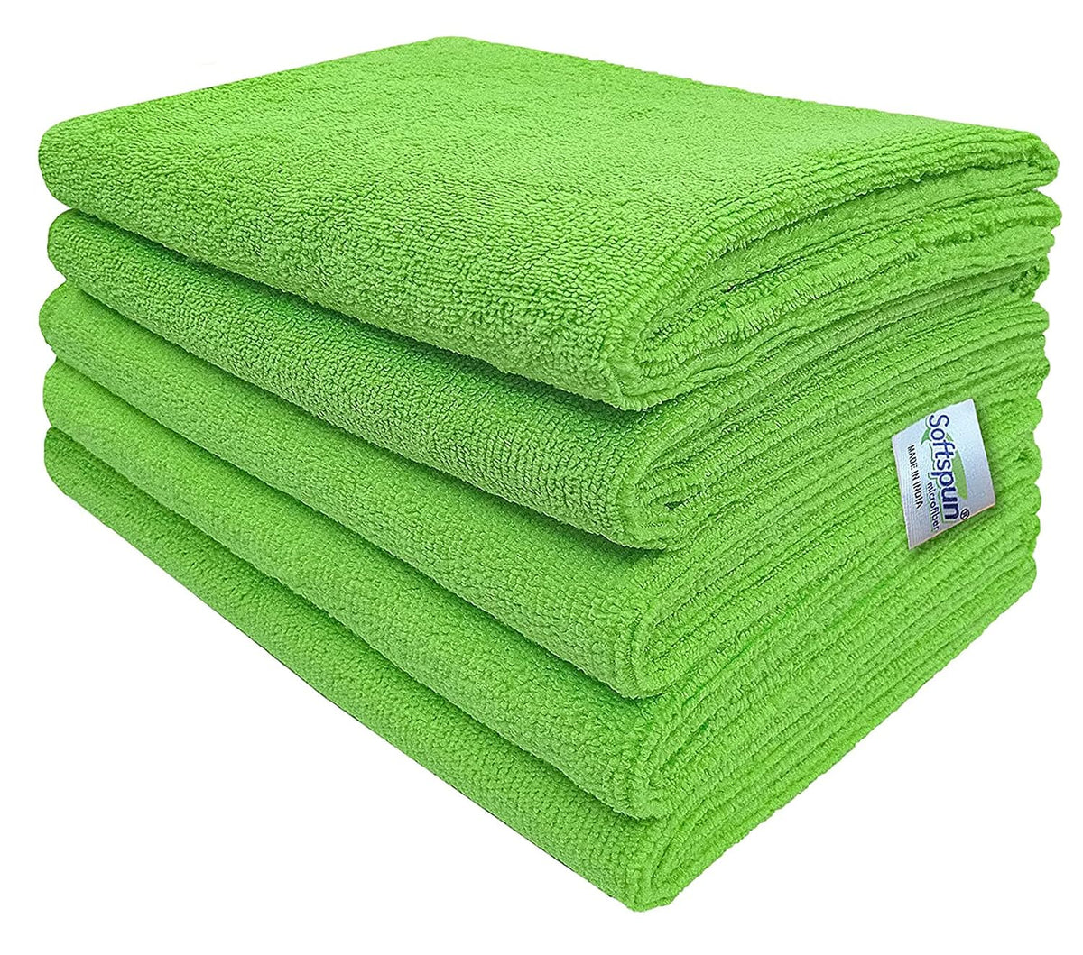 Softspun Microfiber Cleaning Cloths Towel Set 450 Gsm | Highly Absorbent Lint & Streak Free Multi-Purpose Wash Cloth For Kitchen Car Window Stainless Steel Silverware Pack Of 5 (Green)