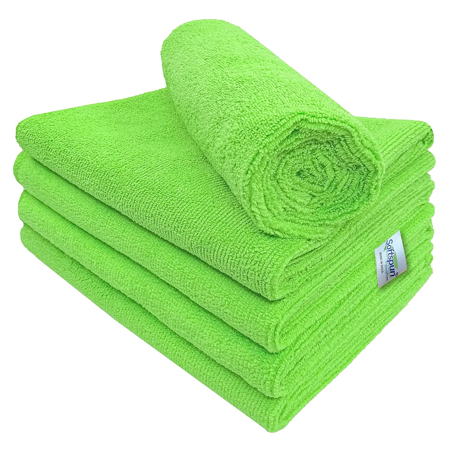 Softspun Microfiber Cleaning Cloths Towel Set 450 Gsm | Highly Absorbent Lint & Streak Free Multi-Purpose Wash Cloth For Kitchen Car Window Stainless Steel Silverware Pack Of 5 (Green)