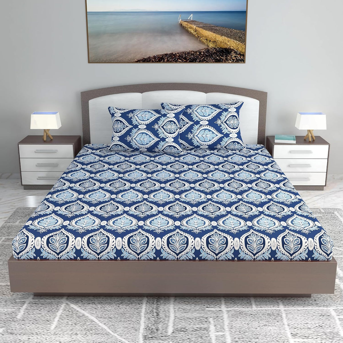 King Size Double Bedsheet With 2 Pillow Covers - 108 X 108 Inches, Blue & White | Soft & Durable For Everyday Use - All Season Comfort