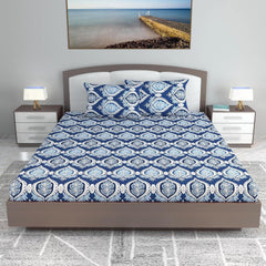 King Size Double Bedsheet With 2 Pillow Covers - 108 X 108 Inches, Blue & White | Soft & Durable For Everyday Use - All Season Comfort