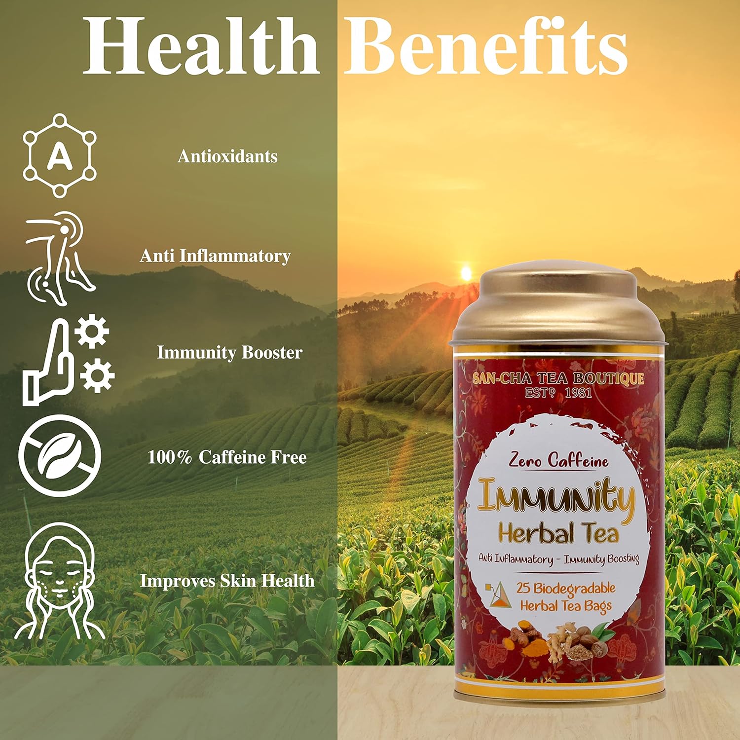 San-Cha Immunity Herbal Tea - 25 Biodegradable Herbal Tea Bags | Superfood Turmeric Blend, Anti Inflammatory - Zero Caffeine