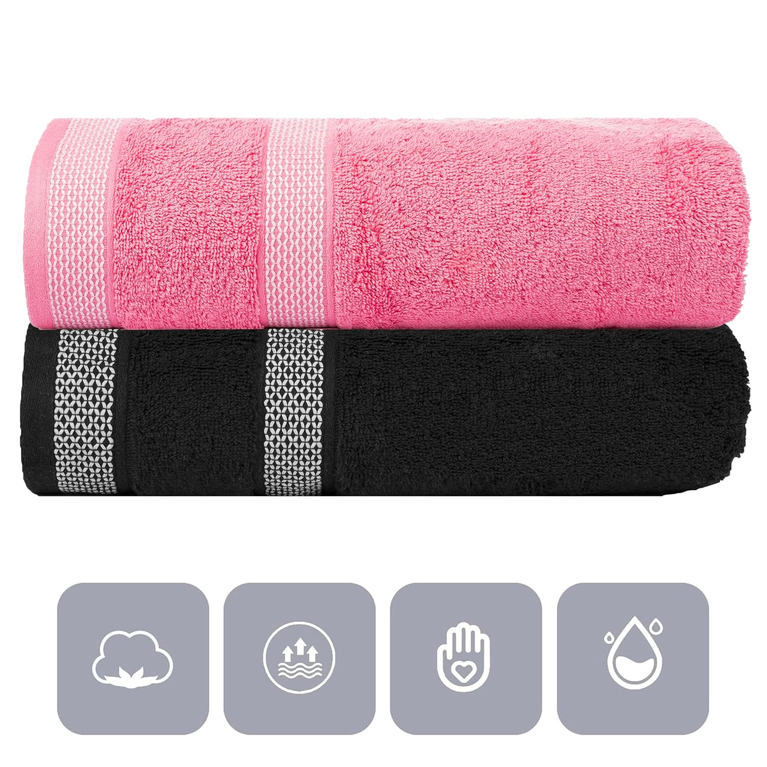 Casa Copenhagen Designed In Denmark Solitaire Super Soft 2 Pieces 100% Cotton Large Bath Towel 525 Gsm - Black & Pink