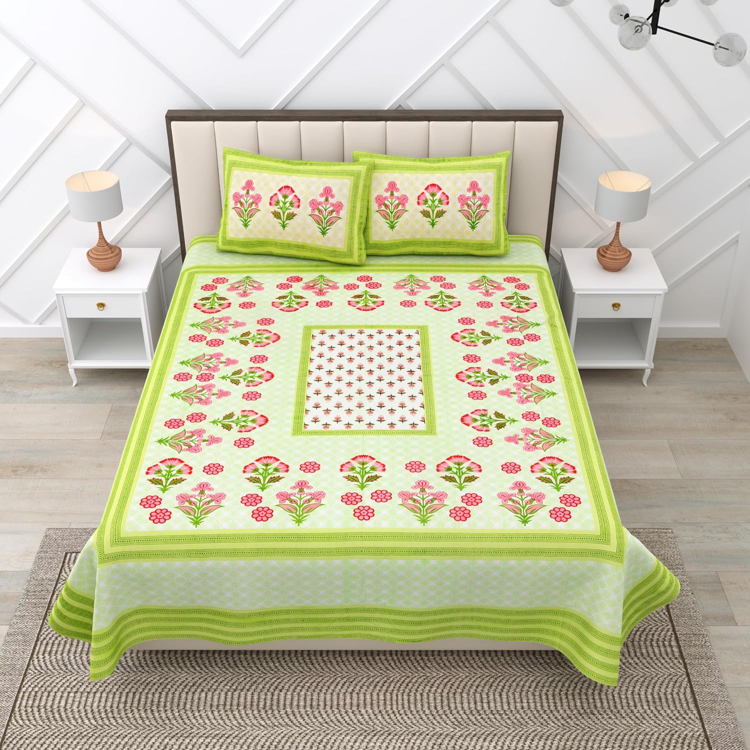 Suitable For King Size Bedsheet With 2 Pillow Cover - 90 X 108 Inches, Red & Green | Soft, Breathable & Skin-Friendly Feel For Year-Round Comfort