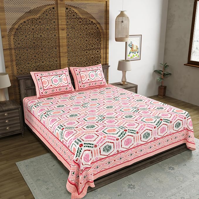 Hand Block Printed Cotton King Size Bedsheet With 2 Pillow Covers, 90 X 108 Inches, Pink | Good For Villas, Guest Houses, & Daily Home Use