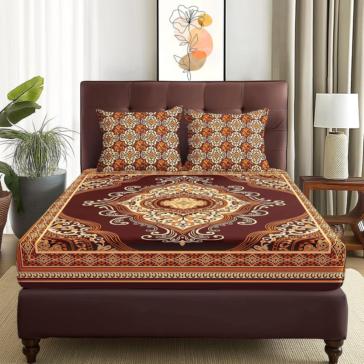 Premium Glace Cotton Bedsheet For King Size With 2 Pillow Covers - 88 X 100 Inches, Brown & Beige | Jaipuri Print Design Bedsheet | 210 Thread Count