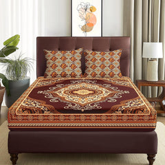 Premium Glace Cotton Bedsheet For King Size With 2 Pillow Covers - 88 X 100 Inches, Brown & Beige | Jaipuri Print Design Bedsheet | 210 Thread Count