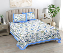 Jaipuri Cotton Bedsheet For King Size With 2 Pillow Covers | 93 X 108 Inches, Blue & White | Ultra-Soft & Skin-Safe | Breathable Summer Comfort