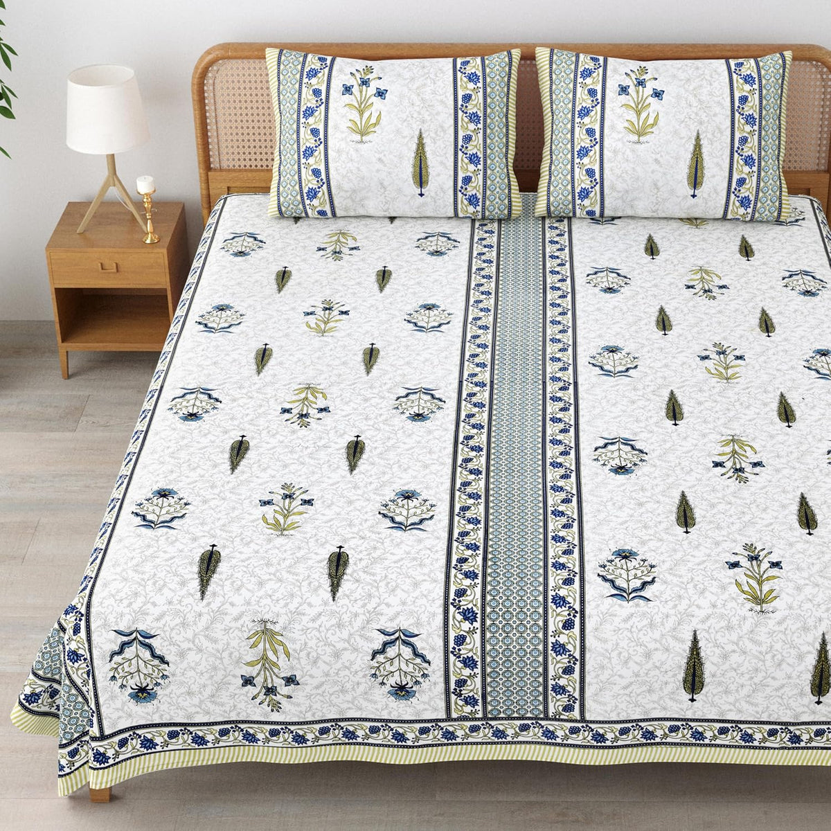 Traditional Rajasthani Cotton Bedsheet For King Size With 2 Matching Pillow Cover | 90 X 108 Inches, Green & White | Soft & Comfortable Fabric