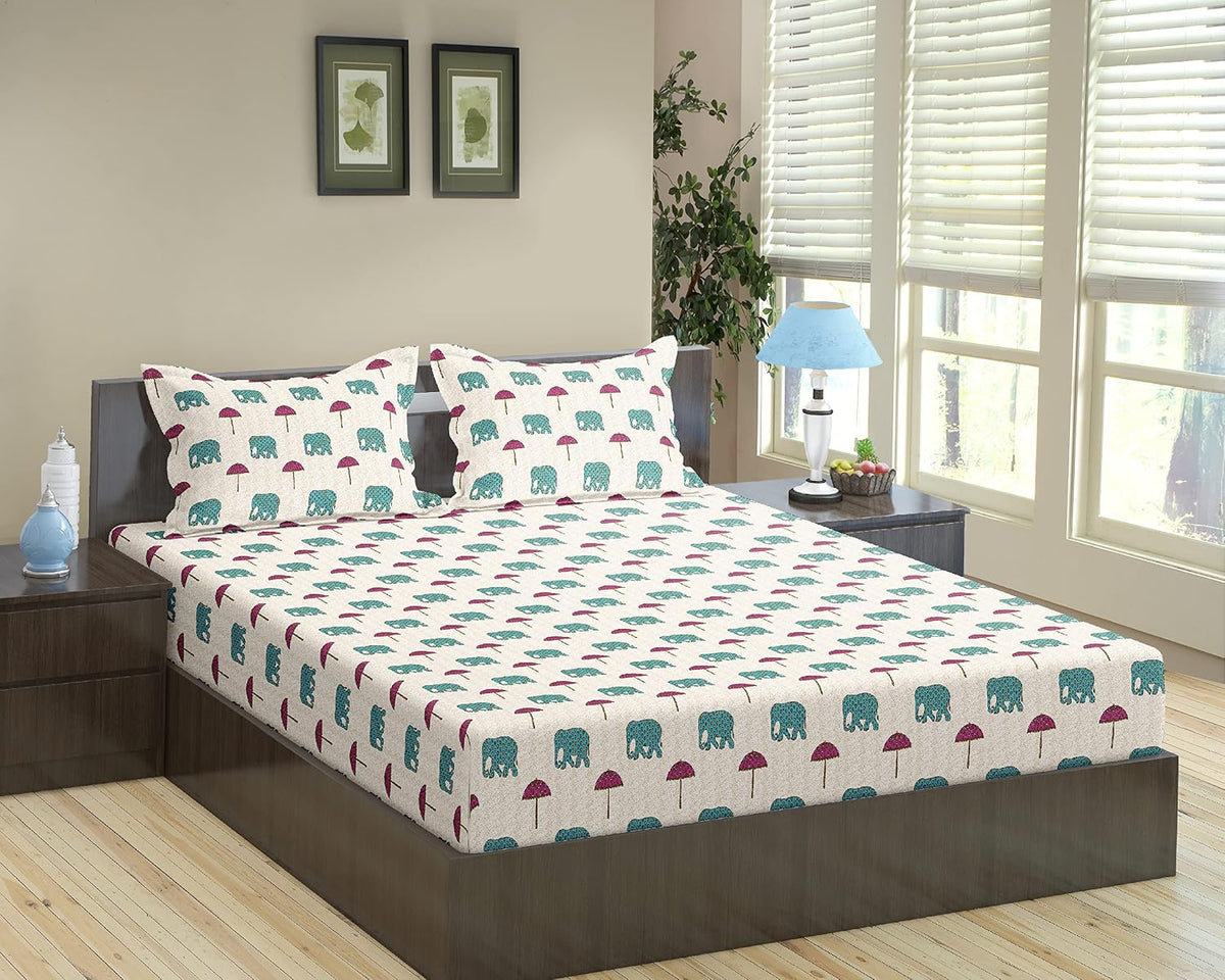 100% Cotton King Size For Double Bedsheet With 2 Pillow Covers - 72 X 78 Inches, Beige & Teal | Durable & Long Lasting Fabric, Easy Hand & Machine Wash