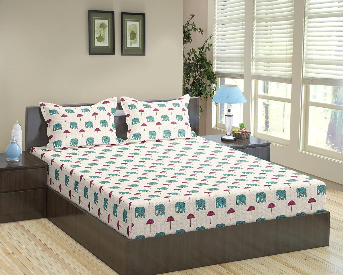 Printed Double Size Bedsheet Elastic Fitted With 2 Pillow Covers - 60 X 75 Inches, Beige & Teal | 100% Premium Fabric Is Lightweight, Soft & Comfortable