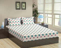 Printed Double Size Bedsheet Elastic Fitted With 2 Pillow Covers - 60 X 75 Inches, Beige & Teal | 100% Premium Fabric Is Lightweight, Soft & Comfortable