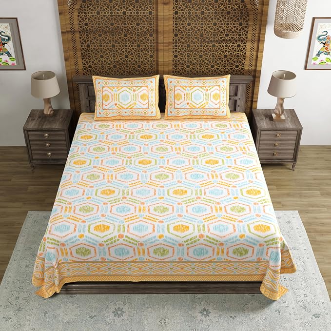Hand Block Printed Cotton King Size Bedsheet With 2 Pillow Covers, 90 X 108 Inches, Yellow | Good For Villas, Guest Houses, & Daily Home Use