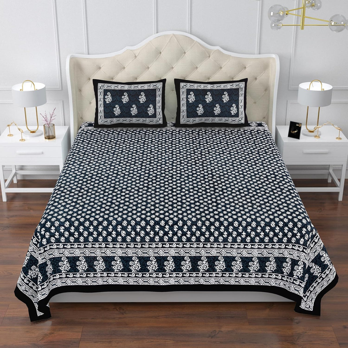 Printed Cotton Double Bedsheet For King Size With 2 Pillow Covers (95 X 108 Inches) Black & White | 280 Thread Count - Pure Cotton Natural Fabric & Skin-Safe | Extra Soft & Wrinkle Free