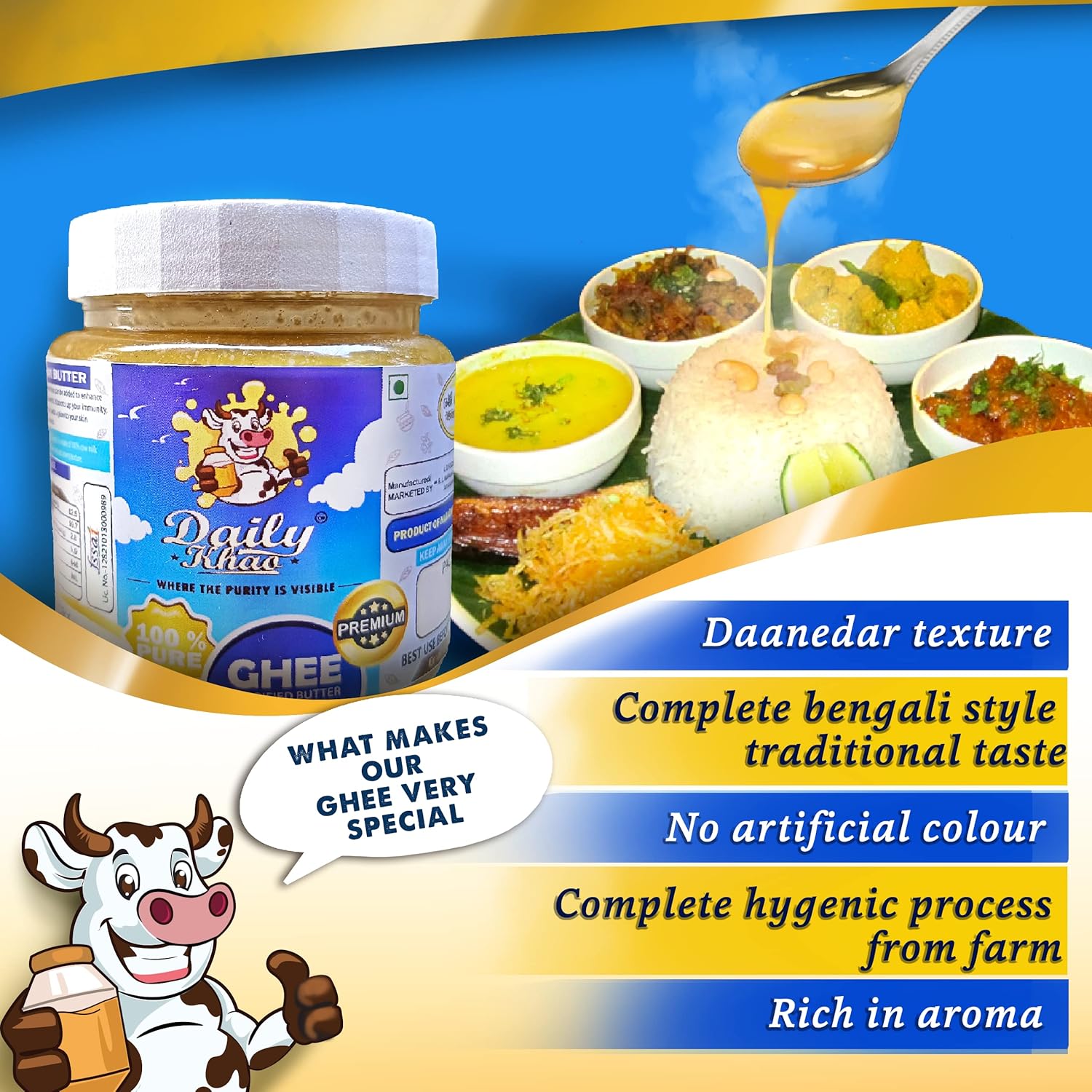 Natural Premium Cow Ghee By Daily Khao | Delicous & Healthy Curd-Churned Cultured Pure Bilona A2 Ghee Perfect For Halwa | 1 Litre (250ml * 4) 33.8 Ounce | Jar Pack