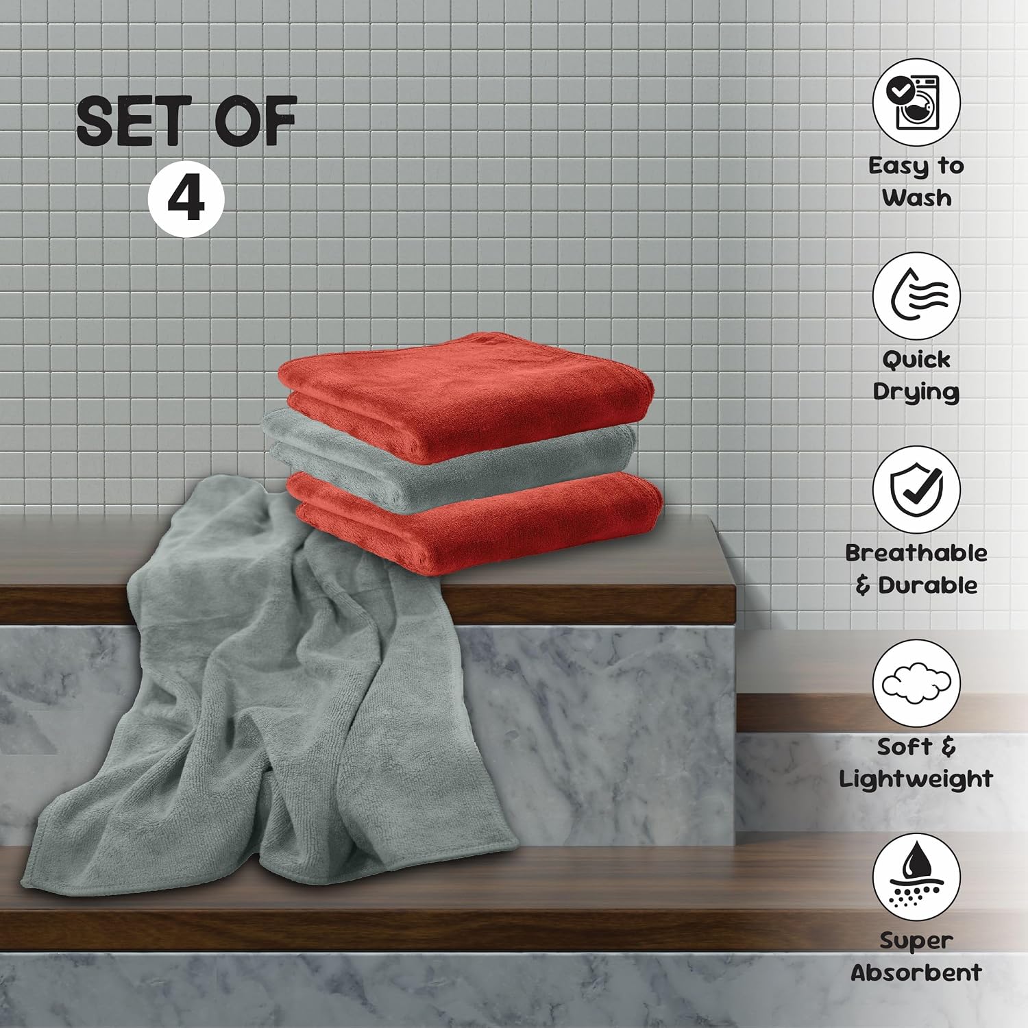 Housse Microfiber Hand Towel 800 Gsm | Premium Quality Towels Ultra Absorbent & Anti-Bacterial For Gym (Desert Sand & Frost Grey) - Pack Of 4