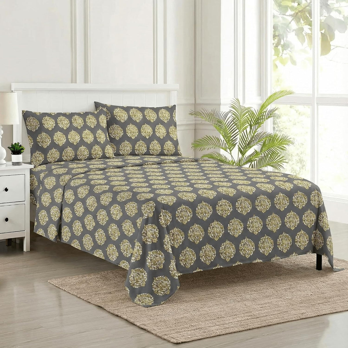 Jaipuri Design Cotton King Size Printed Bedsheet With 2 Pillow Covers - 108 X 108 Inches, Grey & Mustard | Ideal For Home Use & Perfect For Gifting On Weddings, Housewarmings & Festivals
