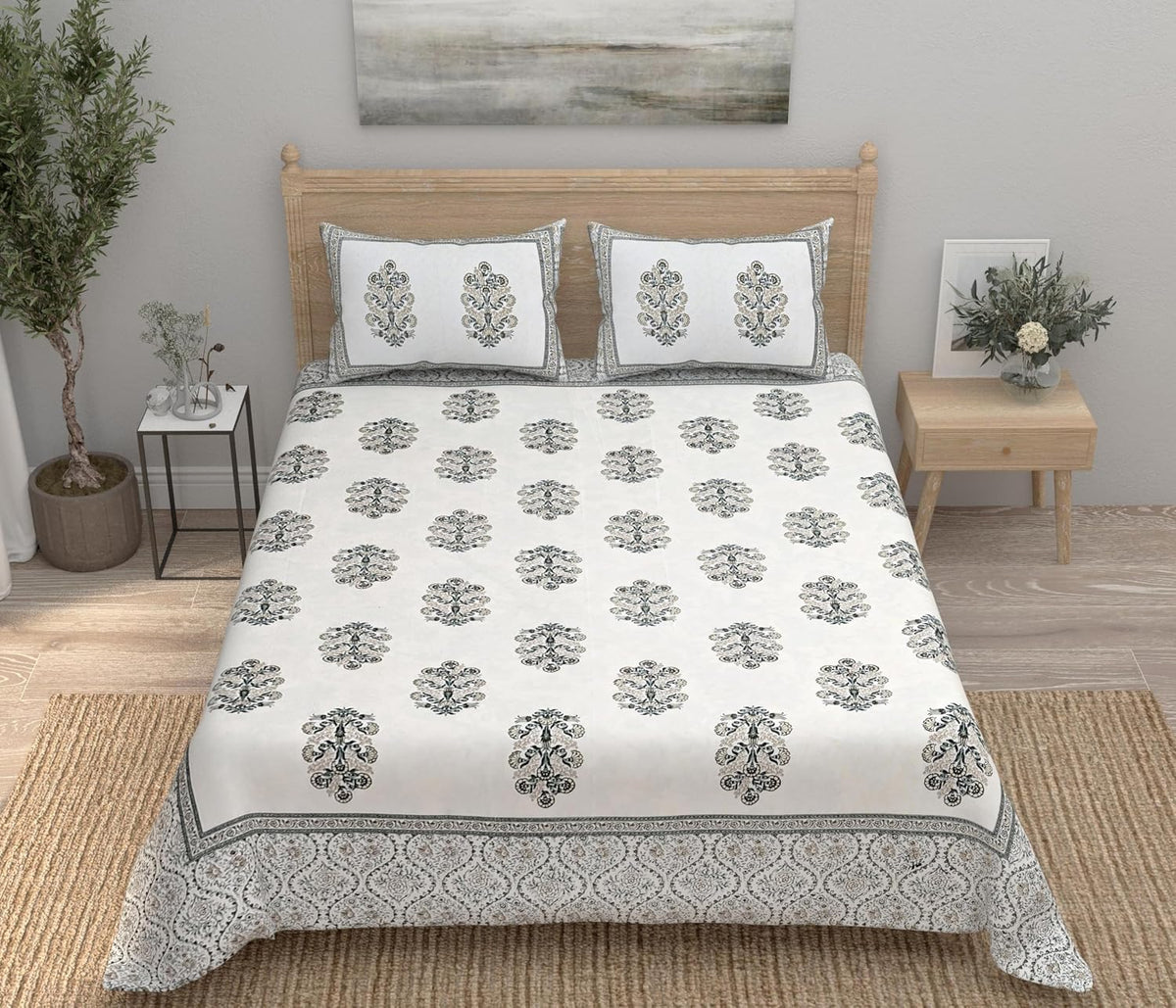 100% Cotton Jaipuri Bedsheet For King Size (90 X 103 Inches, Cream & Brown) With 2 Pillow Covers | Perfect For Everyday Use, Guest Rooms, Or Gifting On Special Occasions