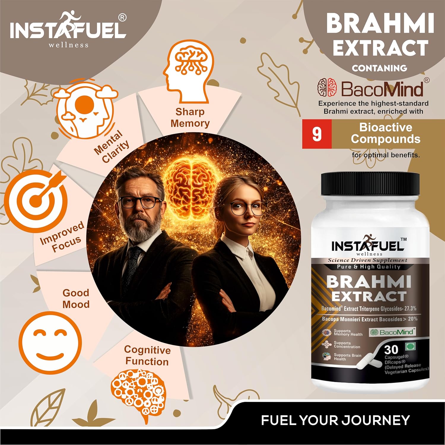 Instafuel Bacomind Brahmi Pure Extract Enhance Memory, Focus & Cognitive Function, Natural Nootropic Supplement For Brain Health & Mental Clarity | 30 Capsules 50gm 0.1lbs