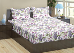 Queen Size Elastic Fitted Bedsheet With 2 Pillow Covers (Size 60 X 78 Inches) White & Lilac | Good For Home, Hotel, Villa, Resort & Guest House Bedsheets