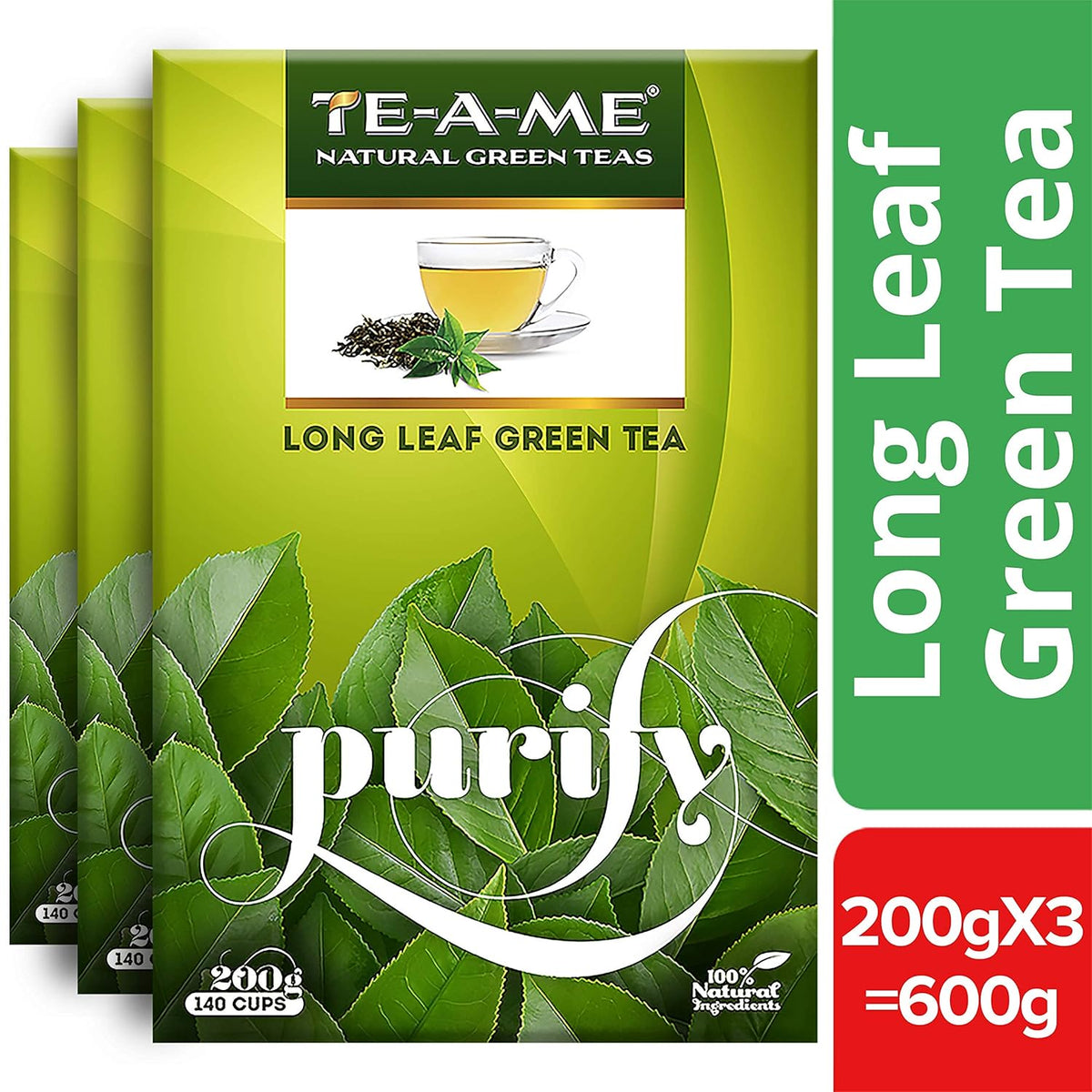 TE-A-ME Purity Long Leaf Green Tea - Pack Of 3 X 200gm, 7.05 Ounce Each, 420 Cups | Increase Metabolic Rate, 100% Natural Ingredients - No Artificial Oils, Aroma Or Flavor