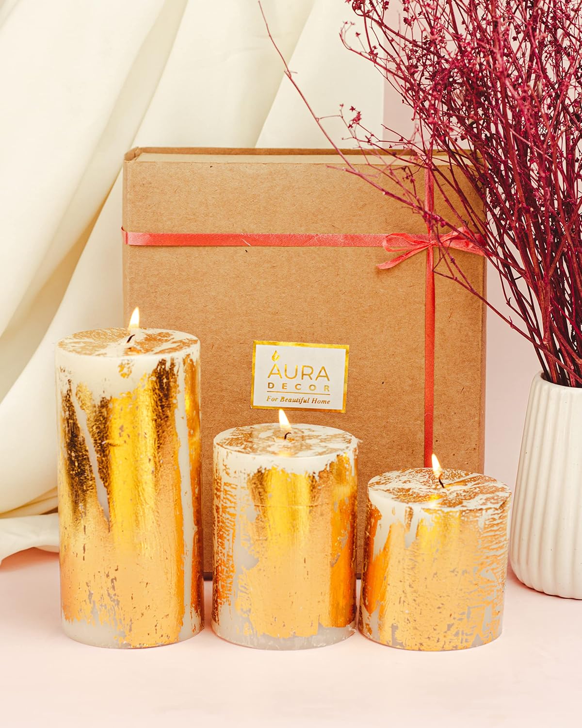 GOLD DUST UNSCENTED PILLAR CANDLE SET OF 3 | 4, 3*6INCH EACH LONG BURNING TIME