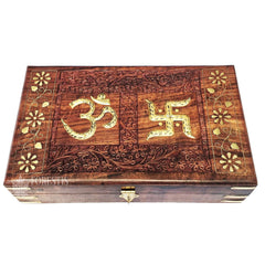 Wooden Om Box For Good Luck Jewellery Box, Decorative Case, Kit, Vanity Organiser For Women, Necklaces, Cash, Gold, Tomb 10 X 6, Colour - Brown, Material - Rosewood
