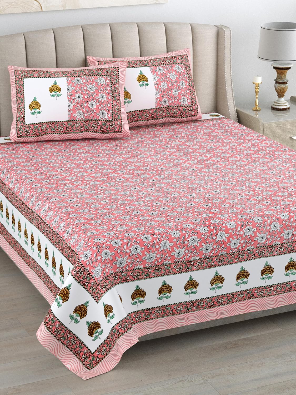 Jaipuri Cotton Bedsheet For King Size With 2 Pillow Covers | 90 X 108 Inches, Pink | Ultra-Soft & Skin-Safe | Breathable Summer Comfort