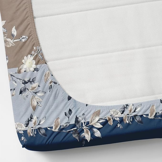Cotton Bedsheets Feel Glace Cotton All Around Elastic Fitted Floral Bedsheets - 60 X 78 Inches, Navy | Premium Super Soft Fitted Bedsheet Queen Size For Double Bedsheet