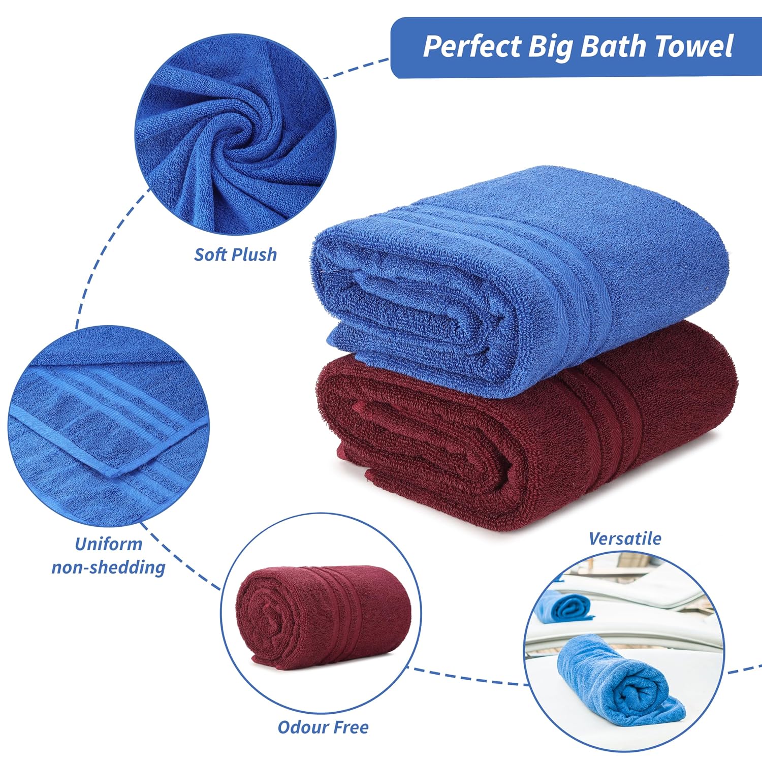 Techsrmaji Cotton Bath Towels 1000 Gsm | Towels For Bathroom Large Size Absorber Towel For Men & Women (Maroon & Blue)- Set Of 2