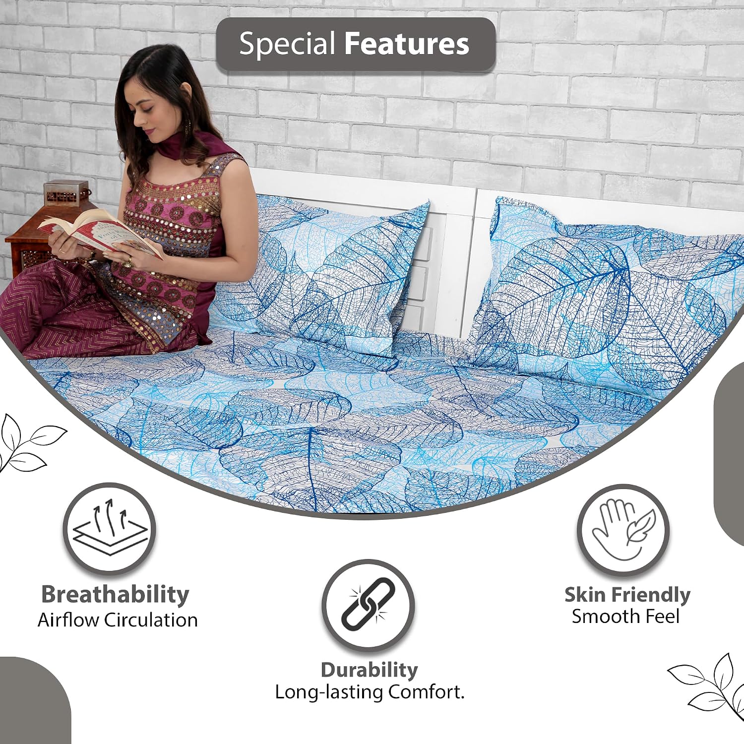100% Pure Cotton Double Bedsheet For Queen With 2 Pillow Covers - 87 X 100 Inches, Light Blue | Soft & Durable For Everyday Use & Bedroom - All Season Comfort