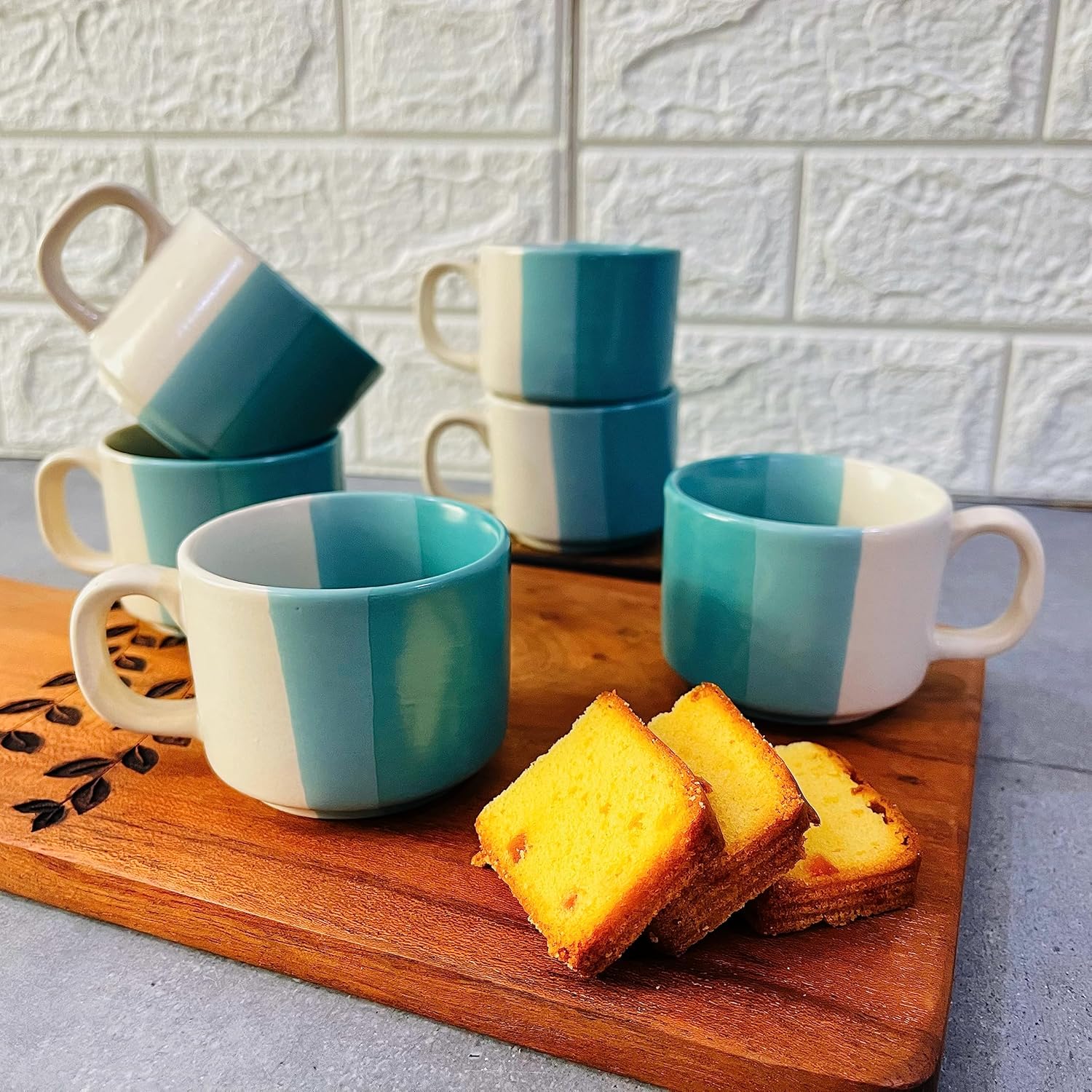 Hand Painted Trihni Ceramic Tea Cups Set Of 6 - 150ml Each, White & Turquoise | Ceramic Cups For Tea, Coffee, Milk - 6 Pieces, Microwave Safe & Scratch Resistant